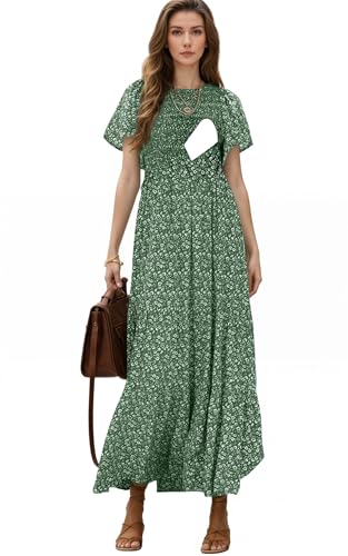 CzzzyL Womens Nursing Dress Summer Floral Print Smocked Maxi with Pockets - color: Green, size: Medium