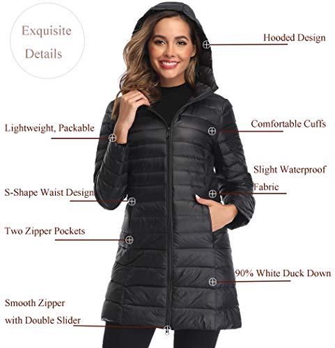 Obosoyo Women's Winter Packable Down Jacket Plus Size Ultralight Long Down Outerwear Puffer Jacket Hooded Coat - color: Black, size: 3X-Large