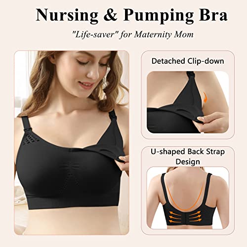 4HOW Pumping Bra Hands Free Nursing Pumping Bra All in One Wireless Padded Maternity Bralette for Large Bust - color: Black+beige+grey, size: Medium