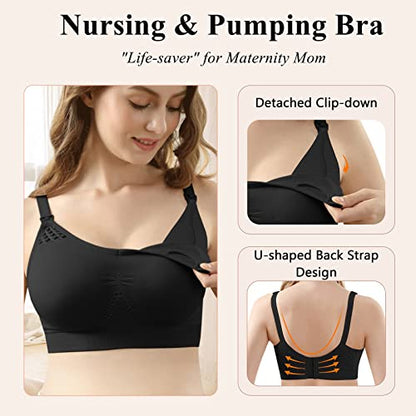 4HOW Pumping Bra Hands Free Nursing Pumping Bra All in One Wireless Padded Maternity Bralette for Large Bust - color: Black+beige+grey, size: Medium