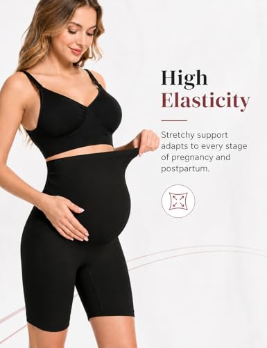 HOFISH Seamless Over-the-Bump Maternity Shapewear, High-Waisted Support - color: No Roll Up：black & Pink, size: Medium