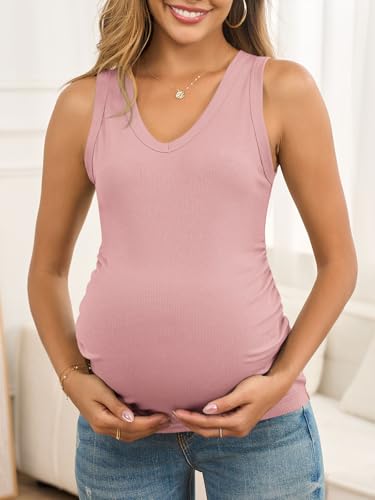 FMEYOA Maternity Tank Tops V Neck Ribbed Knit Sleeveless Maternity Shirts - color: Light Pink, size: Small