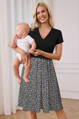 OUGES Women's Wrap V Neck Summer Casual Maternity Nursing Dress - color: Black Floral, size: Large