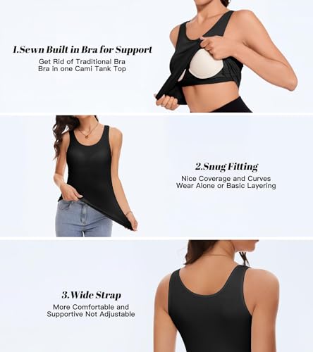 Tank Top with Built in Bra Cup for Women Casual Wide Strap Sleevless Layer Camisole Yoga Top Pack S-3XL - color: Black - White - Grey, size: Medium