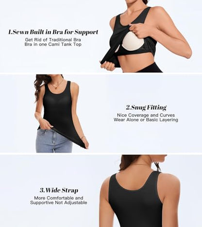 Tank Top with Built in Bra Cup for Women Casual Wide Strap Sleevless Layer Camisole Yoga Top Pack S-3XL - color: Black - White - Grey, size: Medium