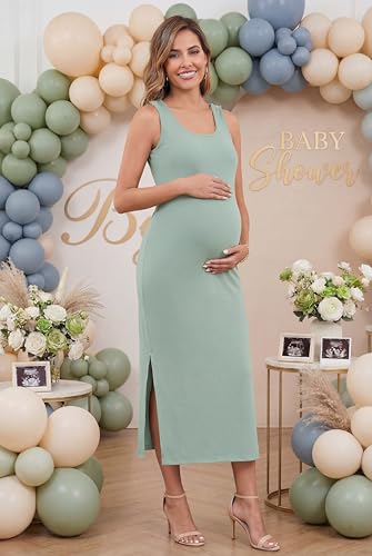 OUGES Womens 2026 Summer Maternity Nursing Dress Split Midi Sleeveless Breastfeeding Dress Scoop Neck Pregnancy Clothes - color: Mint Green, size: X-Large