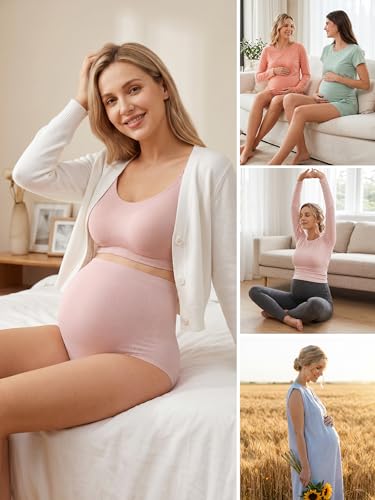 OUGES Women’s Modal 3 Pack Seamless Maternity Underwear Over Belly Stretchy High Waist Soft Pregnancy Postpartum Panties - color: Black+pink+nude, size: Large