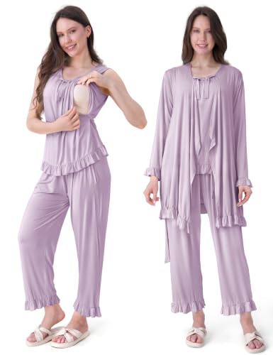 SUNNYBUY 3 PCS Ruffle Maternity Nursing Pajamas Set & Robe for Postpartum - color: Lavender, size: Medium