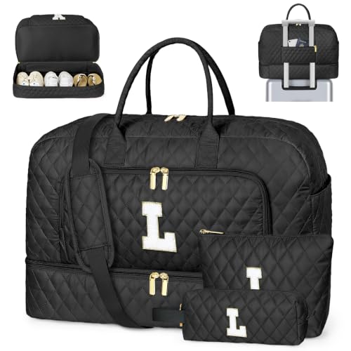 TIBES Birthday Graduation Gift for Her, Initial Weekender Bag for Women 45L - color: Black Diamond Quilted, style: L