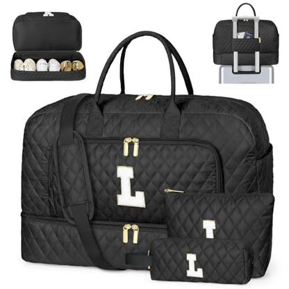 TIBES Birthday Graduation Gift for Her, Initial Weekender Bag for Women 45L - color: Black Diamond Quilted, style: L