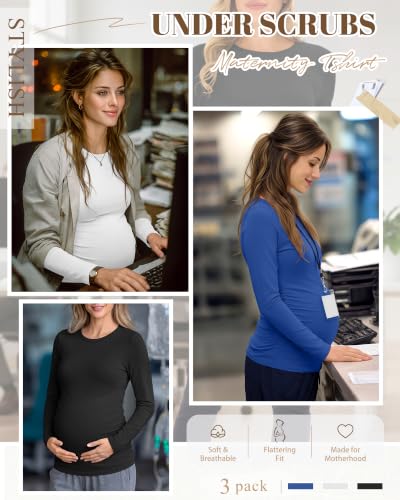 Neer 3 Pack Maternity Under Scrub T Shirt Long Sleeve Undershirt - color: Black, White, Sapphire Blue, size: Small