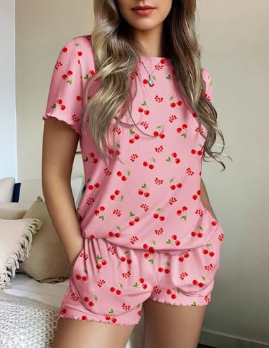 Ekouaer Womens Pajamas 2 Piece Ribbed Knit Pjs Short Sleeve Lounge Sets - color: Cherry, size: X-Large