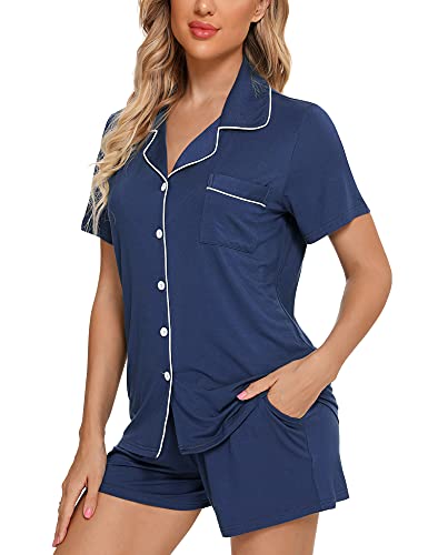 Senert Womens Pajamas Set Short Sleeve Sleepwear - color: A. Cyan Blue, size: Medium