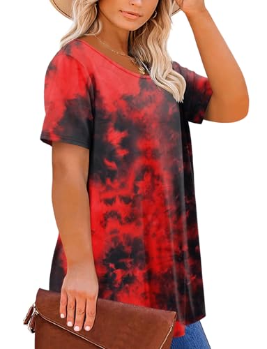 Magritta Women's Short Sleeve Crew Neck Plus Size Tunic Tops - color: Redblack, size: 4X