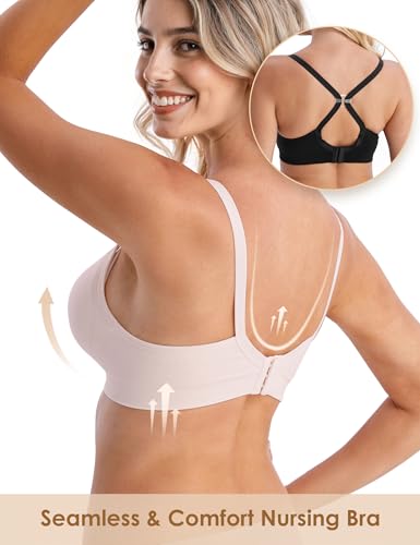 HOFISH Maternity Nursing Bras for Breastfeeding, 3 Pack Pregnancy Deep V Neck Wireless Bra with Extenders & Clips - color: 3pcs/Pack (Push Up:pink-black-beige), size: Medium