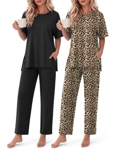 Ekouaer Women's Lounge Sets Short Sleeve Top Long Pants 2 Piece Outfit Set - color: Black&leopard, size: Medium