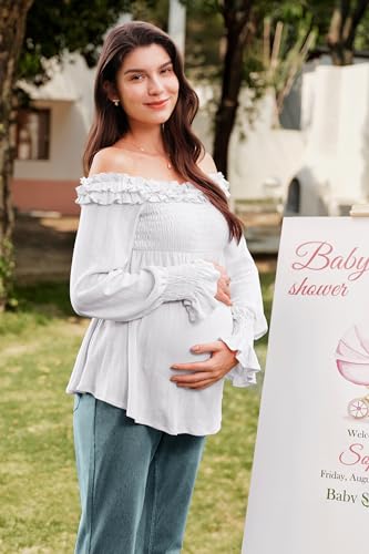OUGES Womens Cotton Blend Off The Shoulder Maternity Tops Smocked Ruffle Sleeve Blouse Going Out Pregnancy Shirts 2025 - color: White, size: XX-Large