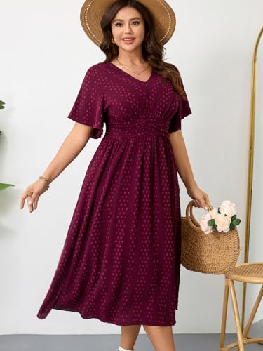 RWJ Women's Plus Size Maxi Dress V Neck Short Sleeve Swiss Dot Swing Summer - color: Wine Red, size: 3X-Large Plus