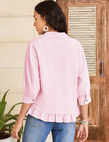 Flygo Womens Striped Button Down Shirts Cropped 3/4 Sleeve Ruffled Blouses - color: Pink, size: X-Large