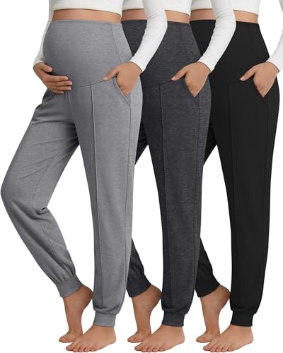 Oakgarden 3 Pack Women's Maternity Pants Over the Belly Joggers - color: Black, Dark Mixed Gray, Light Mixed Gray, size: Small