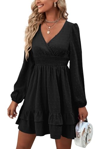 Rooscier Women's Wrap V Neck Swing Ruffle Swiss Dots Long Sleeve Mini Dress - color: Plain Black, size: Small
