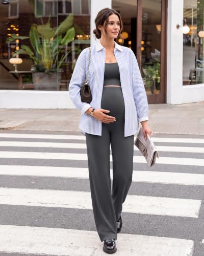 G4Free EverGoing Maternity Pants Over the Belly Pregnancy Work Trousers - color: Dark Gray, size: Medium