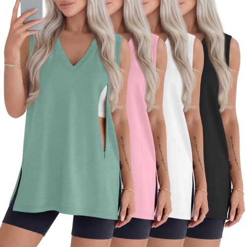 4 Pack Womens Nursing Oversized Tank Tops - color: Seafoam Green, Pink, White, Black, size: Small