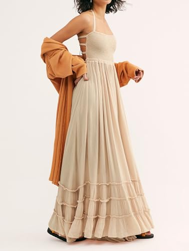 R.Vivimos Womens Summer Boho Sexy Backless Long Dresses - color: Apricot, size: Small