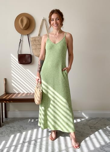 LILBETTER Women's Summer Maxi Dress Casual Flowy Spaghetti Strap Beach Long Dresses with Pockets - color: Green, size: X-Large