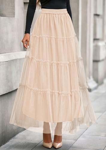 PRETTYGARDEN Women's Fall Soft Tulle Tiered Long Skirt - color: Beige, size: Medium