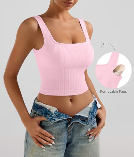 OLCHEE Womens 2 Pack Crop Tank Tops Square Neck Workout Top Padded - color: Plum + Light Pink, size: X-Large