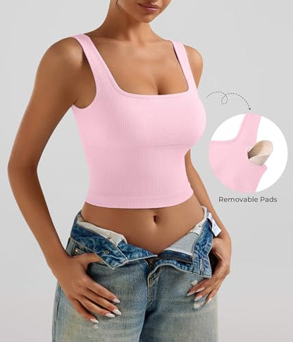OLCHEE Womens 2 Pack Crop Tank Tops Square Neck Workout Top Padded - color: Plum + Light Pink, size: Large