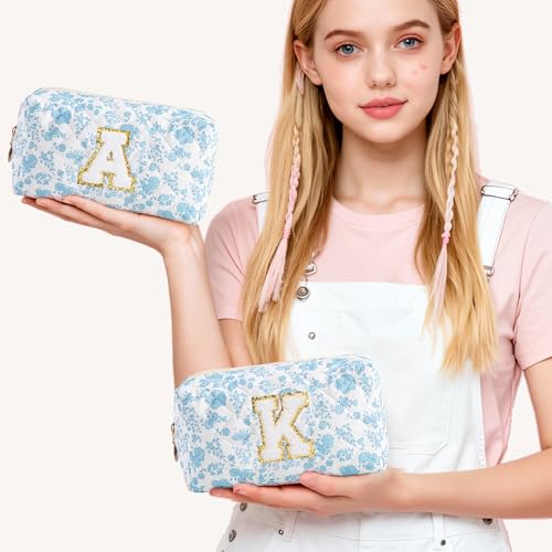 HBselect Personalized Makeup Bag for Women Initial Quilted Toiletry Bag - color: Blue Flower, size: G