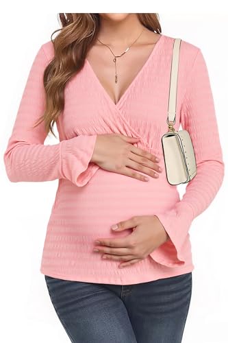 OUGES Women's Maternity Shirts Long Bell Sleeve Casual V Neck Tops Fall Fashion Textured Pregnancy Blouse - color: Pink, size: Small