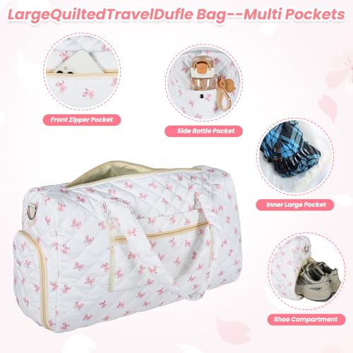 Quilted Duffle Bag for Women, Bow Print Weekender Overnight Travel Bag - color: Small Dot Print