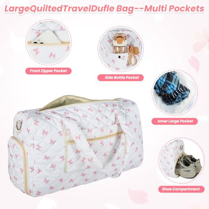 Quilted Duffle Bag for Women, Bow Print Weekender Overnight Travel Bag - color: Small Dot Print