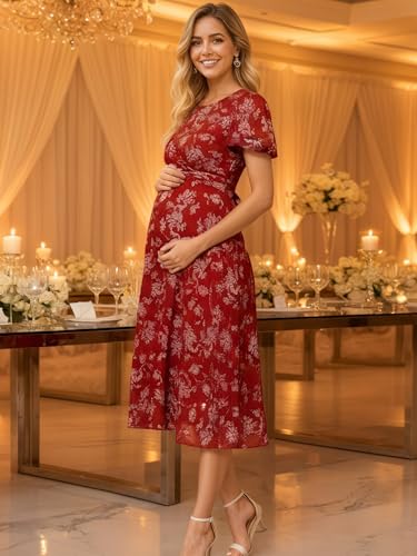Maternity Wedding Guest Dress Floral Mesh Dress - color: Red & White Flower, size: Small