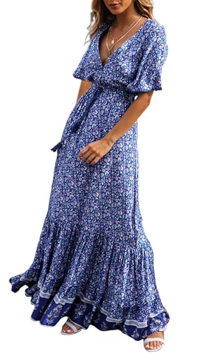 R.Vivimos Womens Summer V Neck Floral Print Boho Midi Dress - color: Blue, size: X-Large
