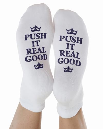 Kindred Bravely Labor and Delivery Inspirational Fun Non Skid Socks for Maternity and Pregnancy - color: Navy Blue - Push It