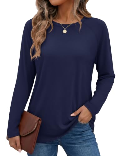 YUCOLEN Women's Long Sleeve Shirts Crew Neck Casual Cotton Basic Tee - color: Blue, size: Small