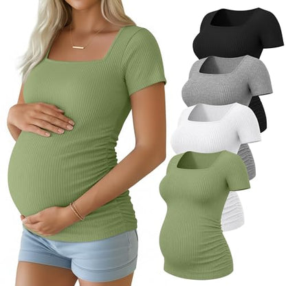 Huukeay 4 Pack Women's Short Sleeve Maternity Shirts - color: Black, Heather Gray, White, Grass Green, size: XX-Large
