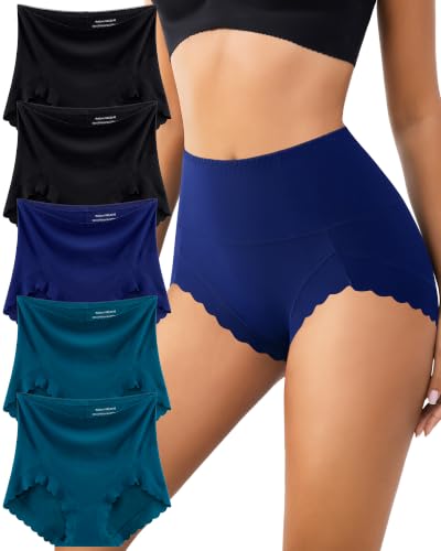 High Waisted Seamless Underwear for Women No Show Panties Full Coverage Scalloped Edge Silky Breathable Briefs 5 Pack - color: Multicolor C 5 Pack, size: XX-Large