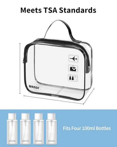 WANDF TSA Approved Toiletry Bag, 2 Pack Clear Makeup Bag - color: A Black with Handle, size: Pack of 2