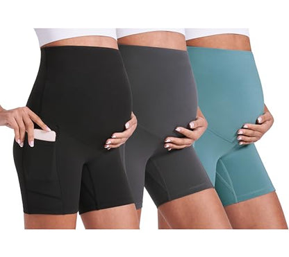 Enerful Maternity Biker Shorts with Pockets 8"/5" - color: Black+grey+light Blue 5", size: Small