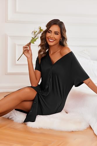 Ekouaer 3 Pack Nightgowns for Women Button Down Night Gowns with Pockets - color: Black/Light Blue/Light Pink, size: XX-Large