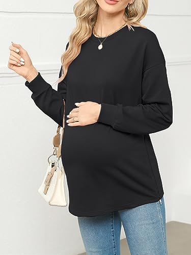 Women's Maternity Shirts Long Sleeve Sweatshirt Zipper Split Side Pregnancy Casual Tunic Top - color: Black, size: Medium