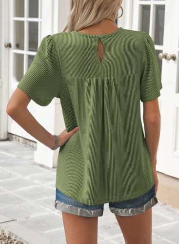 Falechay Womens Tops Boho Ribbed Flowy Stretchy Crochet Short Sleeve Shirts - color: Green, size: Medium