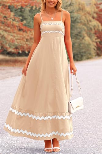 PRETTYGARDEN Women's Summer Spaghetti Strap Boho Maxi Dress - color: Beige, size: Small