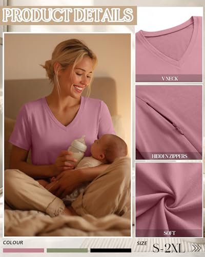3 Pack Women's Nursing Tops Breastfeeding Shirts - color: Black, Light Green, Gray Pink, size: Large