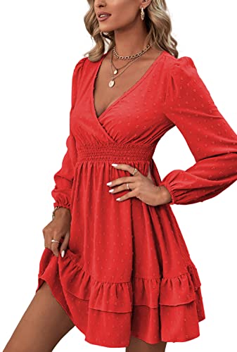 Rooscier Women's Wrap V Neck Swing Ruffle Swiss Dots Long Sleeve Mini Dress - color: True Red, size: Small